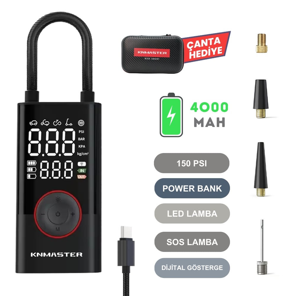 KNMASTER LP200 – 150 PSI DİJİTAL GÖSTERGELİ ŞARJLI HAVA POMPASI